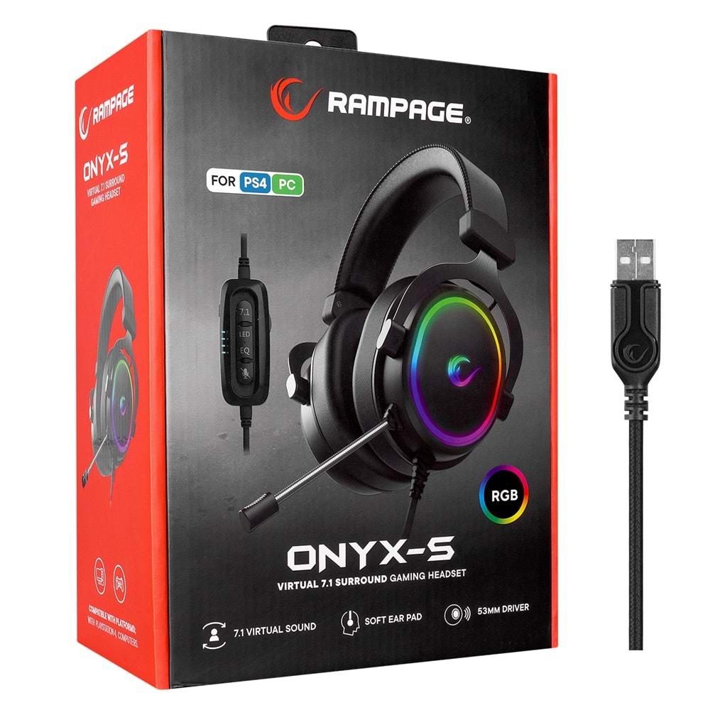 Rampage ONYX-S Siyah USB 7.1Version RGB Led+Ses Kontrollü Mikrofonlu Oyuncu KulaklığıSterıo Ses, Tak Çalıştır, Kontrol Kumandası, Dayanıklı Kablo